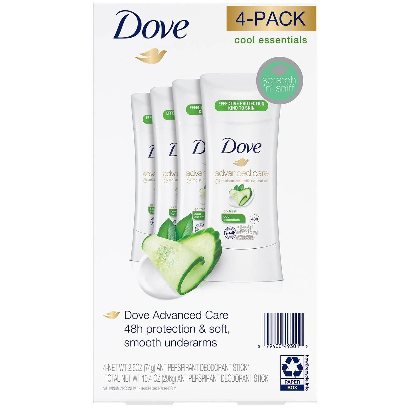 Dove Antiperspirant Deodorant Cool Essentials, 2.6 Ounce (Pack of 4)