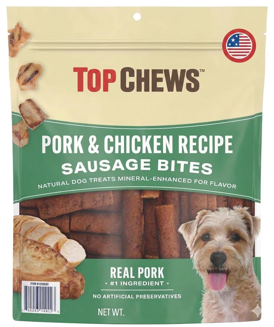 Top-Chews Pork & Chicken Sausage Bite, Net Weight 36 Ounce.