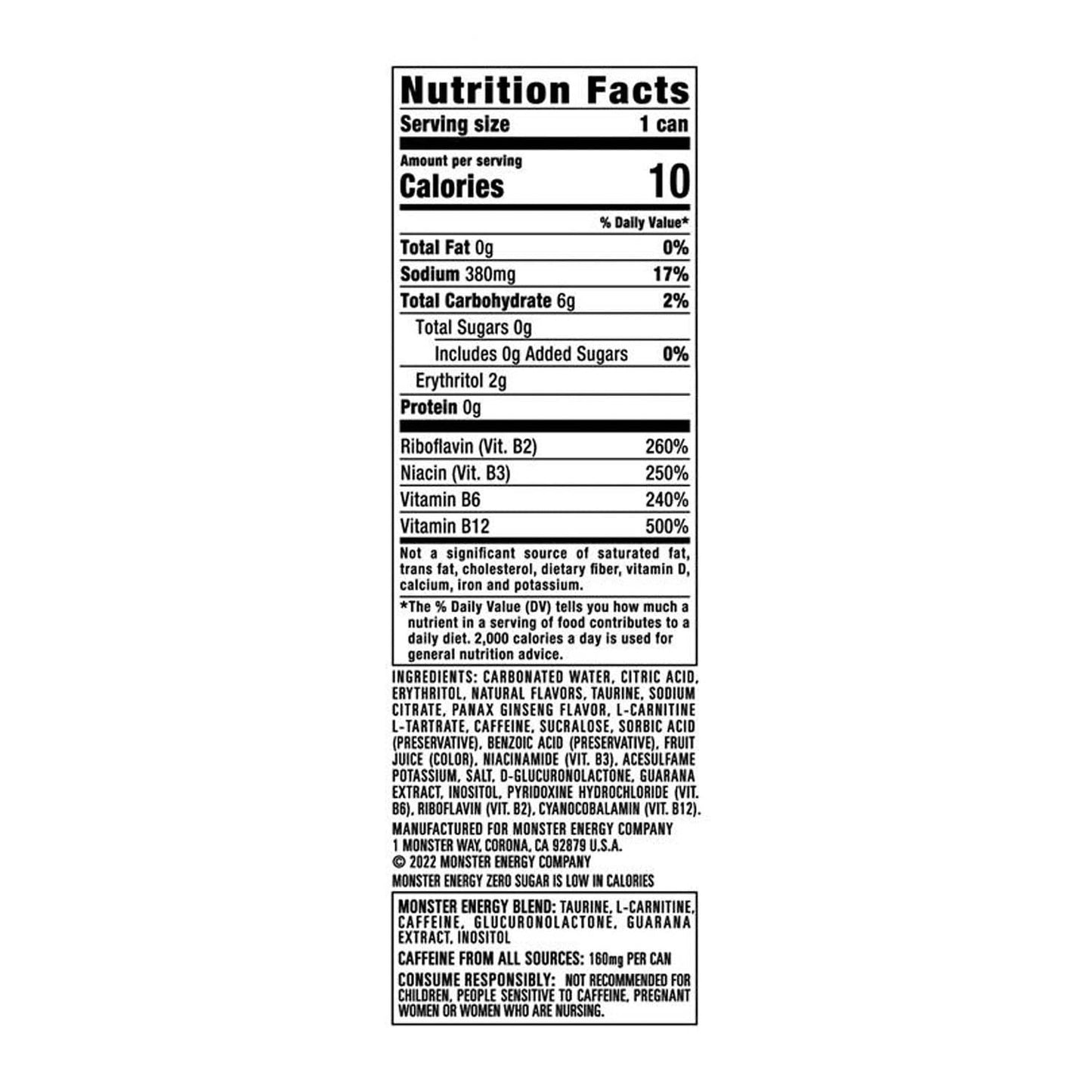 Monster Energy Zero Sugar, Low Calorie Energy Drink, 16 FL OZ (Pack of 24)