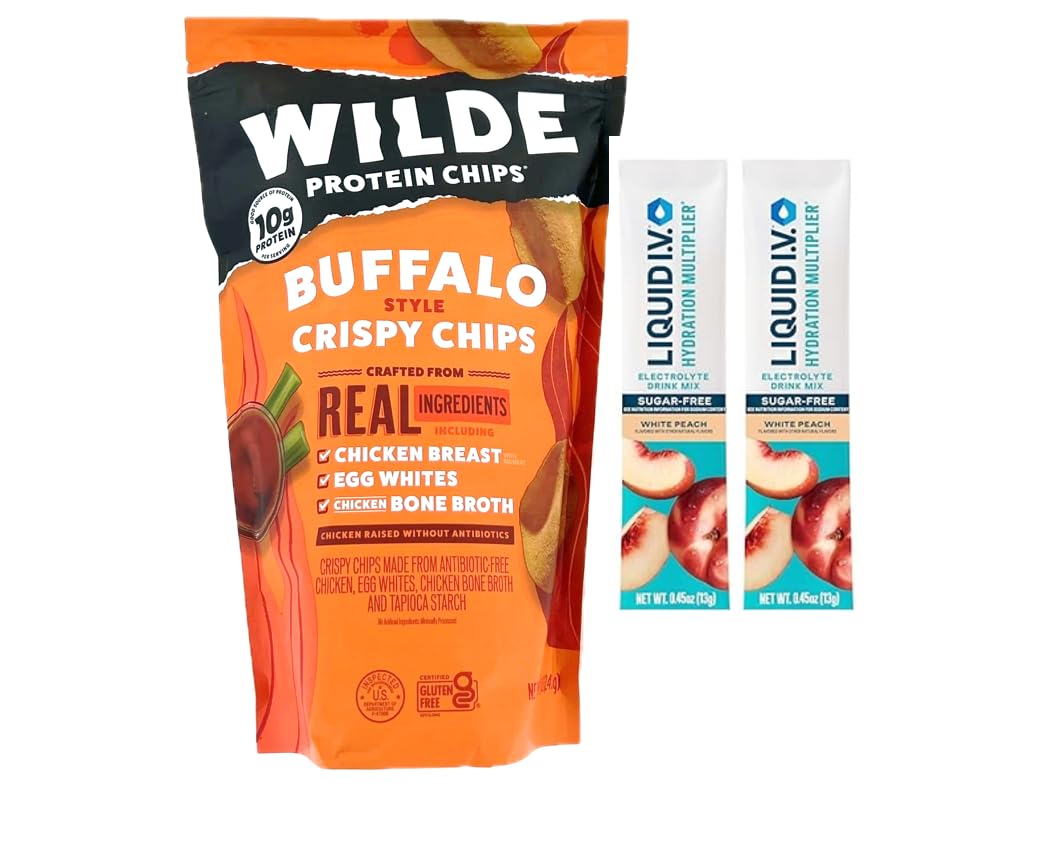 Wilde Protein Buffalo Crispy Chips - 10g Protein per Serving, Crafted with Real Chicken & Egg Whites - 8.5 oz Bag + Bonus Sugar-Free White Peach Hydration Sticks