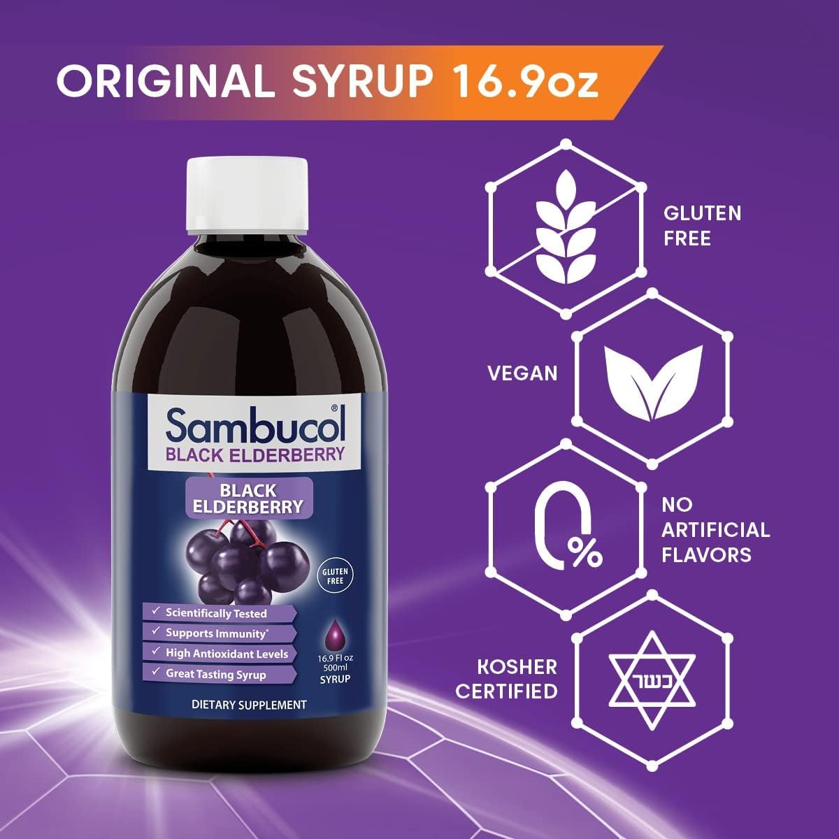 Sambucol Black Elderberry Syrup - Advanced Immune Support Supplement, Sambucus Elderberry Syrup for Kids & Adults, High Antioxidants, Gluten-Free, Vegan, Kosher, Naturally Flavored - 16.9 Fl Oz