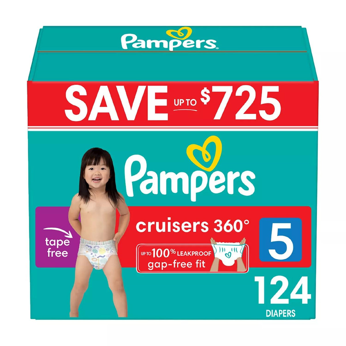 Pampers Cruisers 360 Diapers Gap-Free Fit, Size 5 (27+ Pounds), 124 Count
