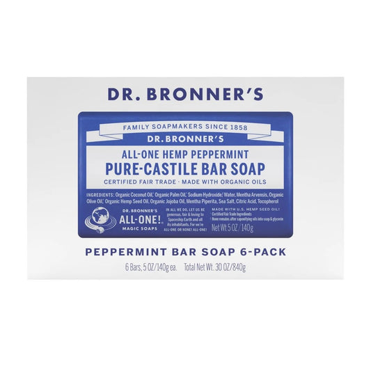 Dr Bronner's Pure Castille Peppermint Bar Soap, 5 Ounce (Pack of 6)