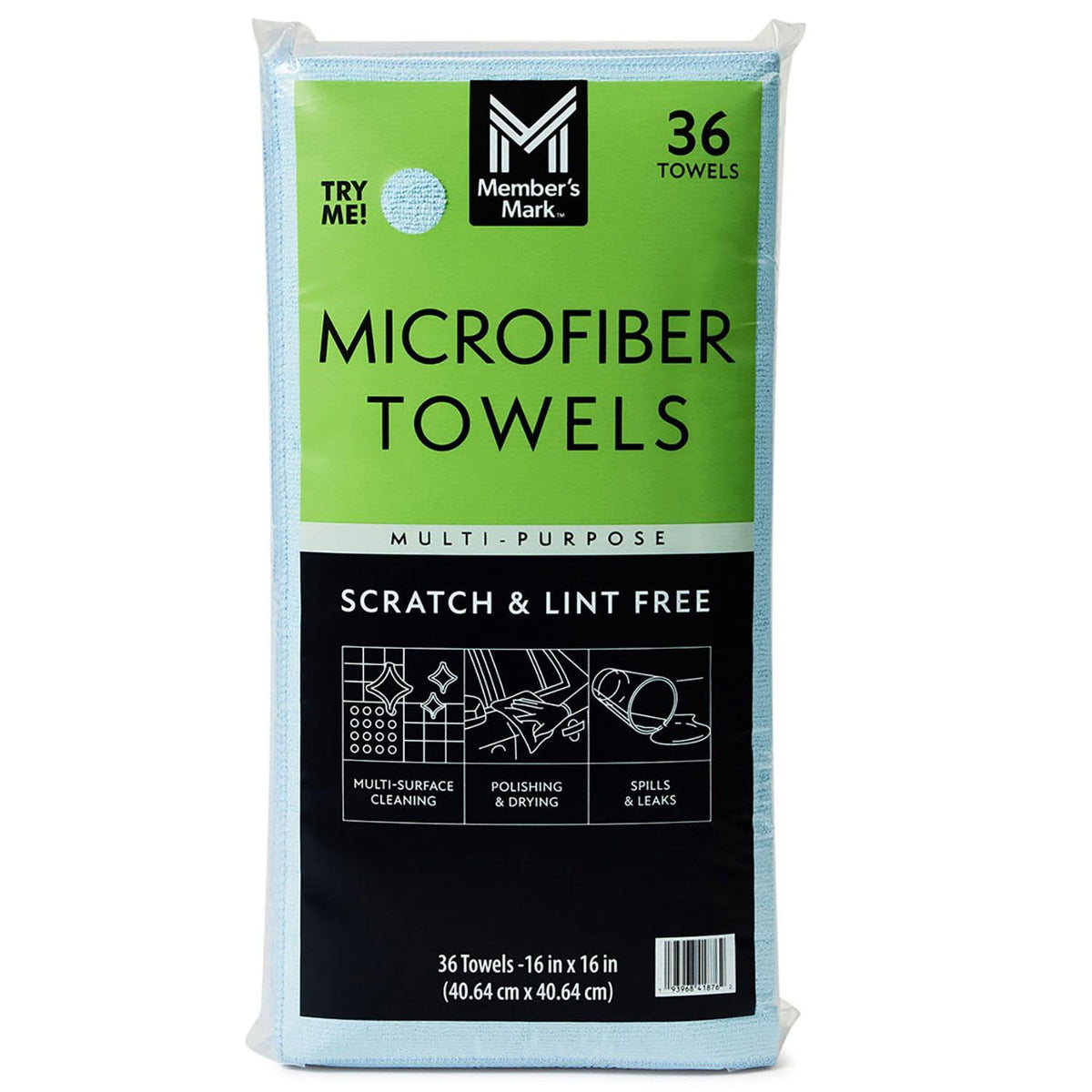 Member's Mark Microfiber Towels, 16" x 16", 36 Count - Blue