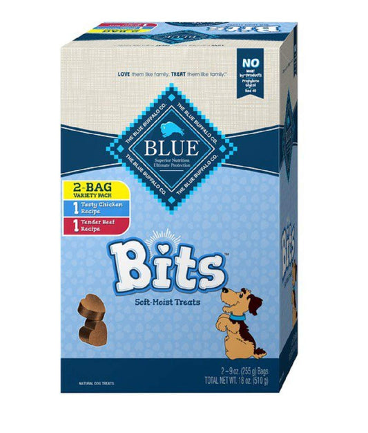 Blue Buffalo Blue Bits Natural Soft-Moist Training Dog Treats Variety Pack 2 Flavors ( 11 OZ Each Bag ) 22 OZ Total.