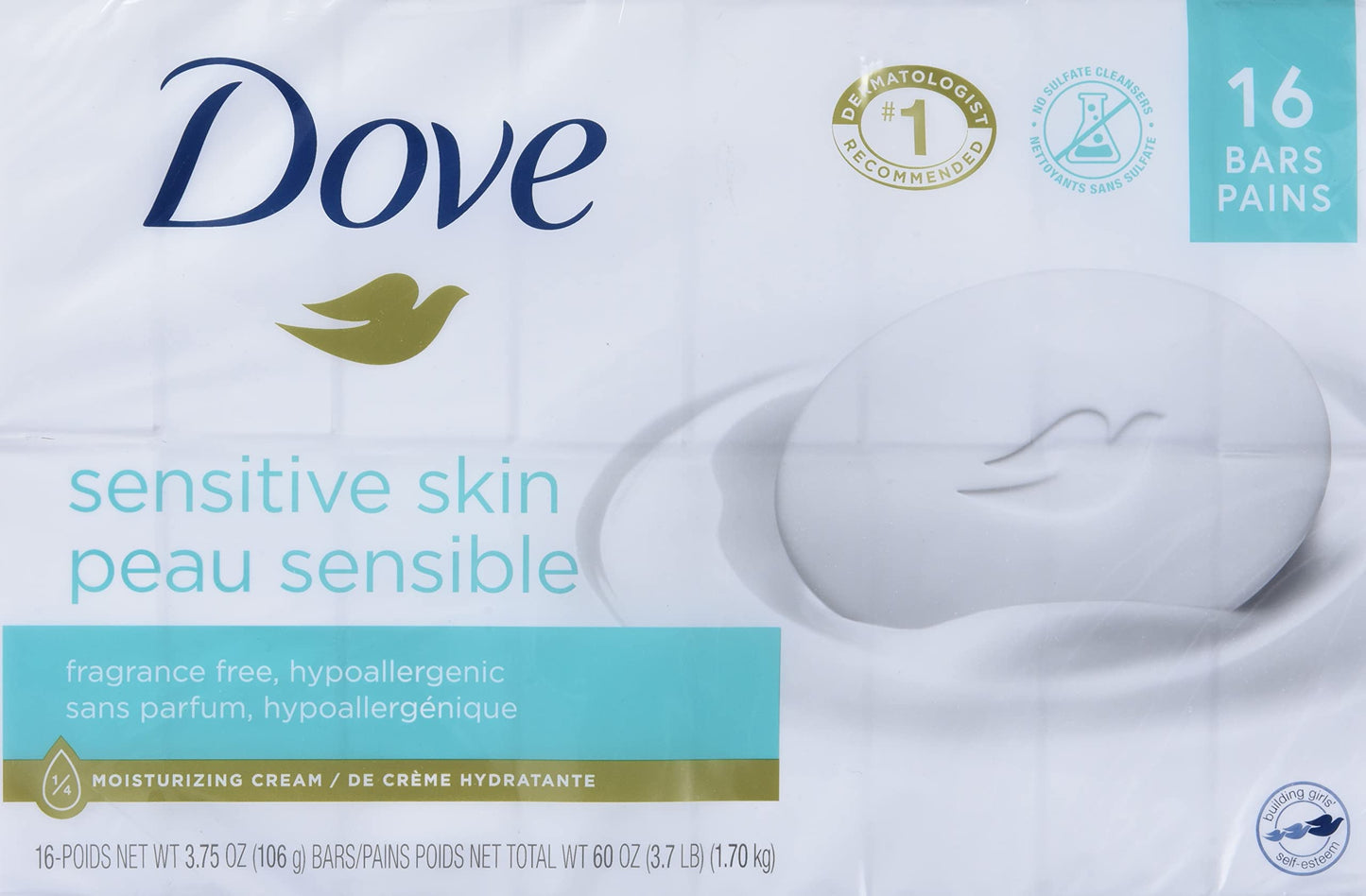 Dove Sensitive Skin - Unscented/Fragrance Free Hypo-Allergenic Beauty Bar, 3.73 oz / 106 g x 16 Pack