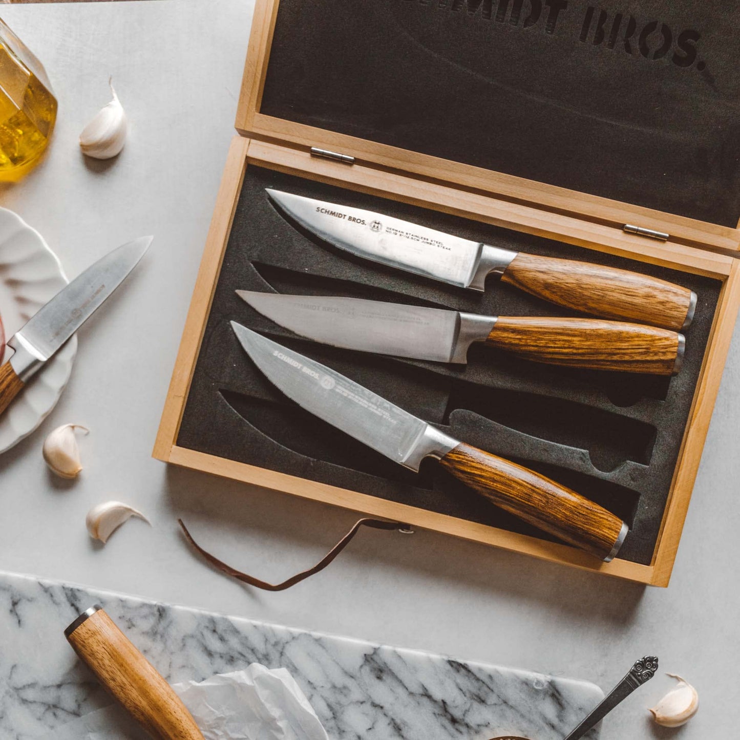Schmidt Brothers - Zebra Wood 4-Piece Jumbo Steak Knife Set, High-Carbon German Stainless Steel Cutlery in a Wood Gift Box