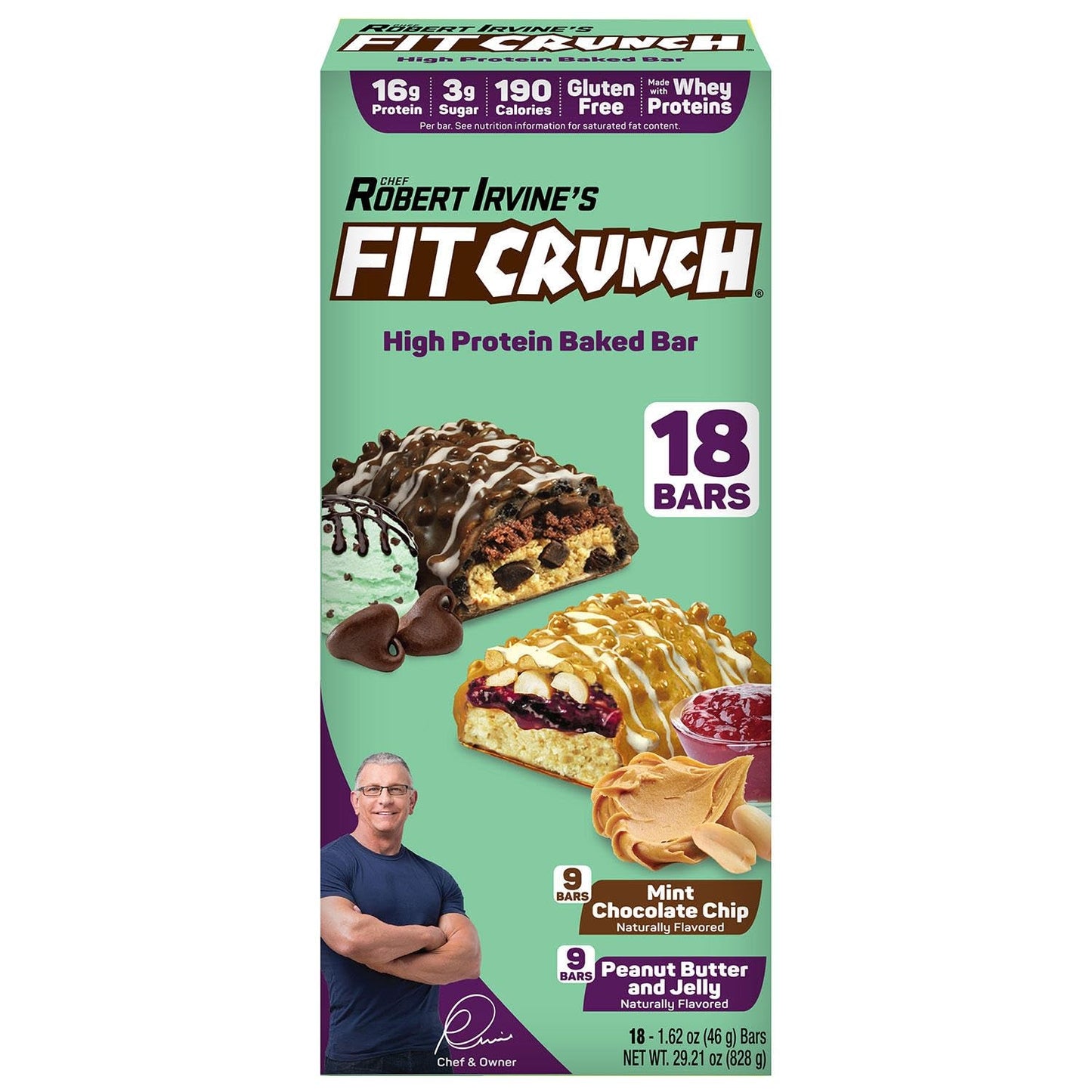 Chef Robert Irvine's FITCRUNCH Protein Bar Variety, Mint Choc Chip & PBJ (18 Ct)