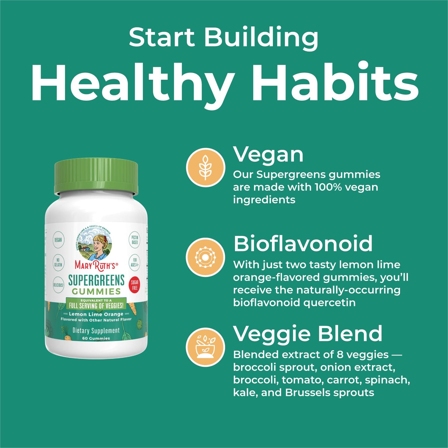 MaryRuth's Super Greens Gummies | with Naturally-Occurring Quercetin for Adults and Kids Ages 4+ | Sugar Free | 2g Fiber Per Serving | Vegan | No Gelatin | Pectin Based | 60 Count | 30 Servings