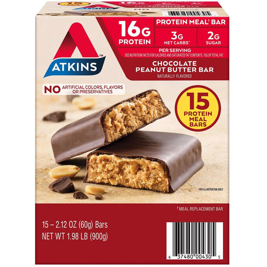 Atkins Chocolate Peanut Butter Meal Bars, High Fiber, 16g of Protein (15 Count)