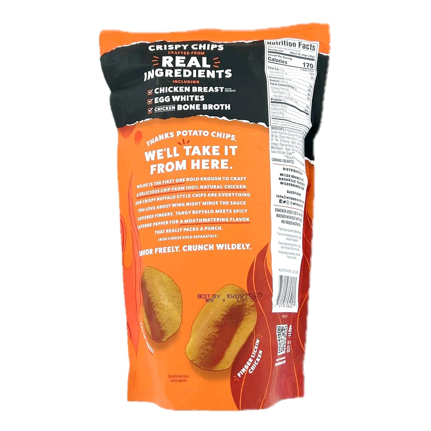 Wilde Protein Buffalo Crispy Chips - 10g Protein per Serving, Crafted with Real Chicken & Egg Whites - 8.5 oz Bag + Bonus Sugar-Free White Peach Hydration Sticks