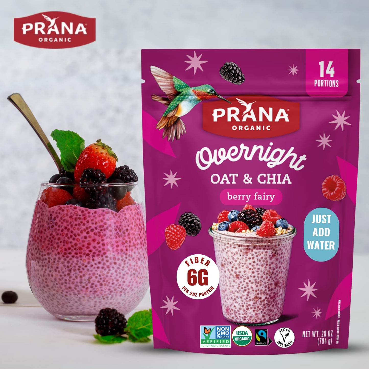Prana Overnight Chia with Oats Berry Fairy | Rich in Fiber & Protein, Vegan, Non-GMO | Ready to Eat Breakfast - 28 oz Bags - 2 Pack