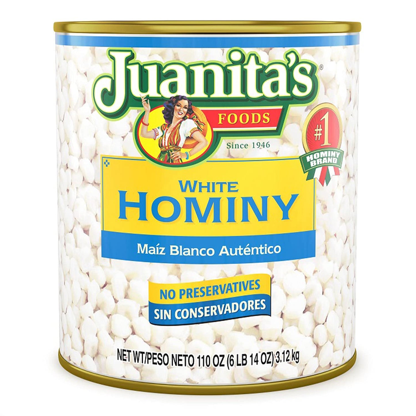 Juanita's White Hominy, 110 oz