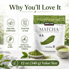 Kirkland Premium Matcha Green Tea Powder for Lattes and Baking, 12 oz | Japanese cultivated culinary grade matcha powder; mild, naturally sweet umami; kosher; for lattes, smoothies, and baking