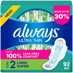 Always Ultra Thin Long Super Pads with Wings, Size 2, 92 Count