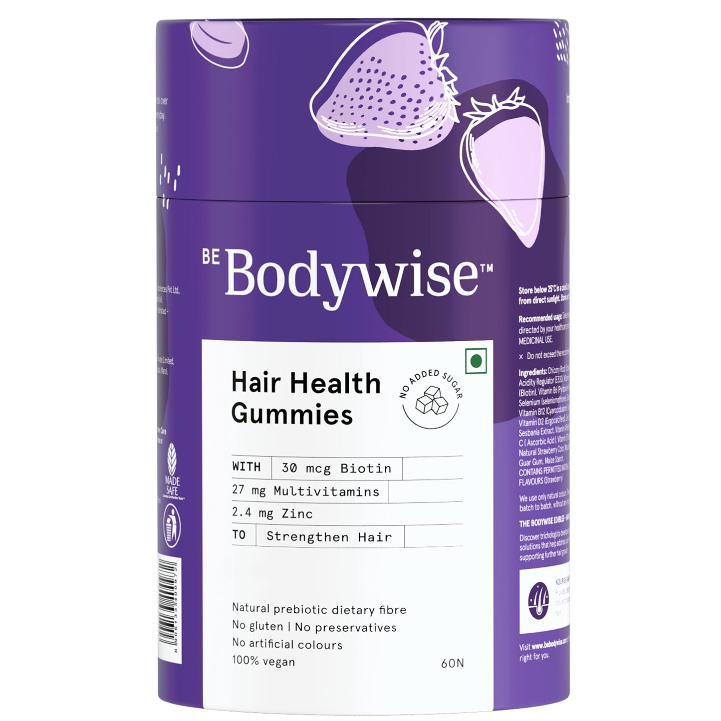 Bodywise Biotin Hair Gummies | Individually Wrapped | Biotin 10000mcg Supplement | Formulated for Women | Vegan, No Added Sugar | 1 Month Pack