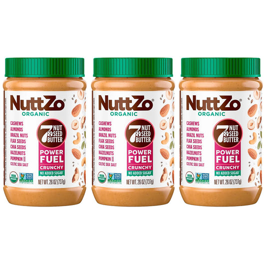 NuttZo Organic Power Fuel Crunchy 7 Nuts & Seeds Butter, Paleo Friendly | Peanut & Gluten Free, Vegan, and Kosher, No Added Sugar or Oil | 26 oz Jar, 3-Pack