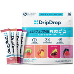 DripDrop Zero Sugar Plus - Sugar Free Hydration Packets - Single Serve Electrolytes Powder Drink Mix - Strawberry Kiwi, Peach, Cherry Limeade, Wild Berry - Non-GMO, Vegan - 16 Sticks