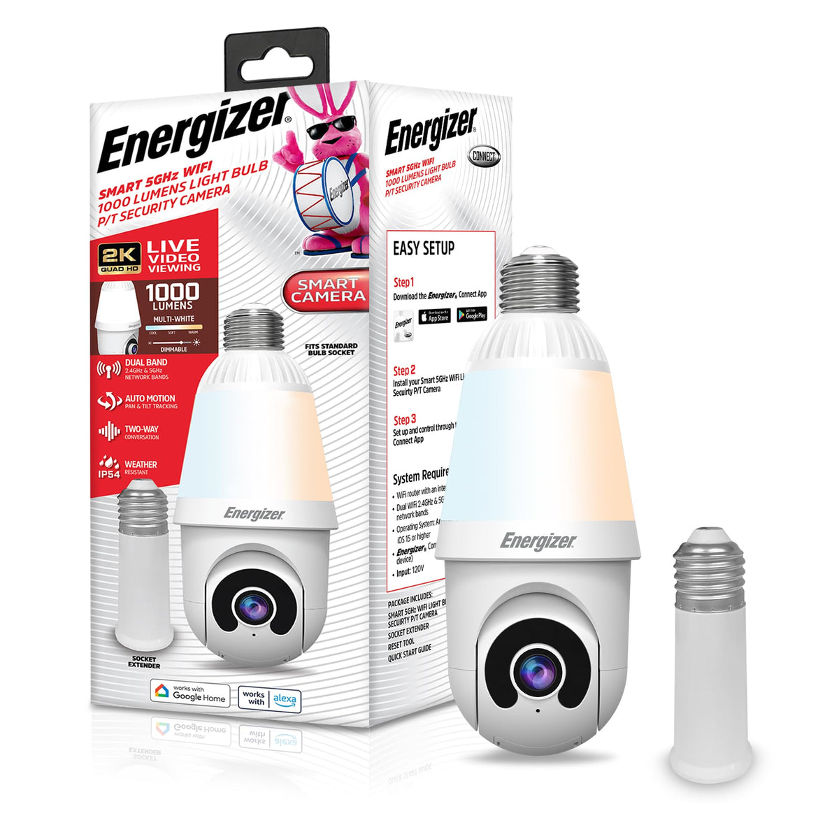 Energizer Smart 2K Light Bulb Security Camera, 1000 Lumens LED Light, 5G&2.4G Wi-Fi Outdoor Socket Camera, Pan Tilt Auto Tracking, (White, App Enabled Smart Detections)