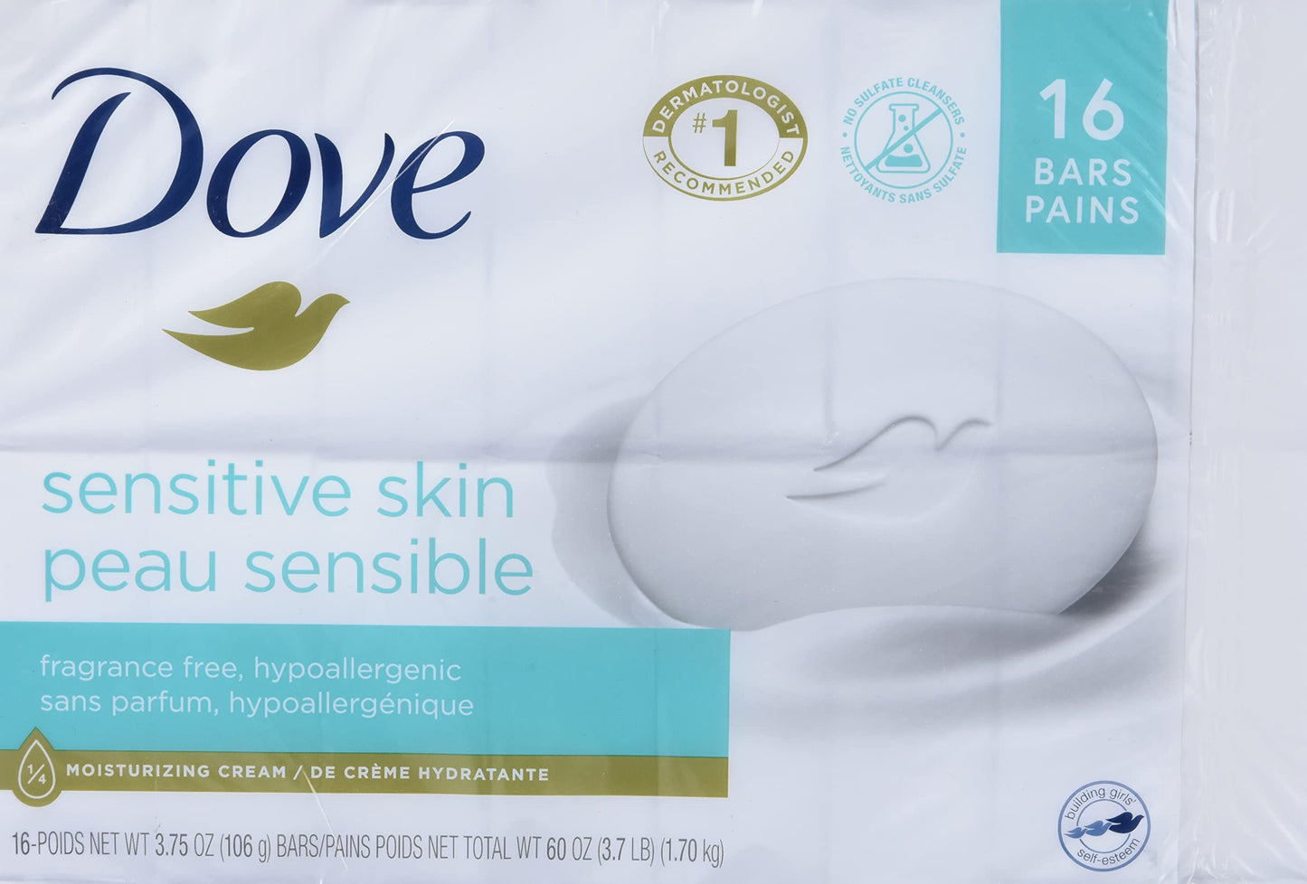 Dove Sensitive Skin - Unscented/Fragrance Free Hypo-Allergenic Beauty Bar, 3.73 oz / 106 g x 16 Pack