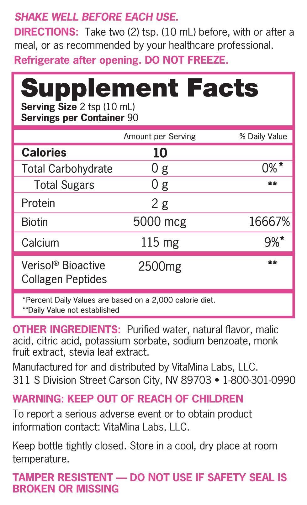 Zena Liquid Collagen + Biotin, 2500mg of Bioactive Collagen Peptides and 5000mcg Biotin, Verisol Formula, Hair, Skin, Nail and Joint Support, Grass-Fed, Non-GMO, Mixed Berry Flavor, 90 Servings