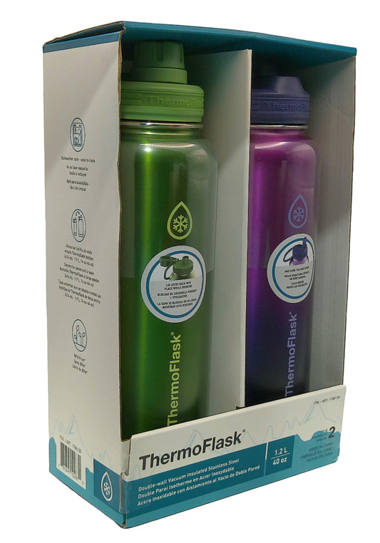 ThermoFlask Stainless Steel Water Bottle, 40 oz, 2-Pack (Purple/Green Brushed)