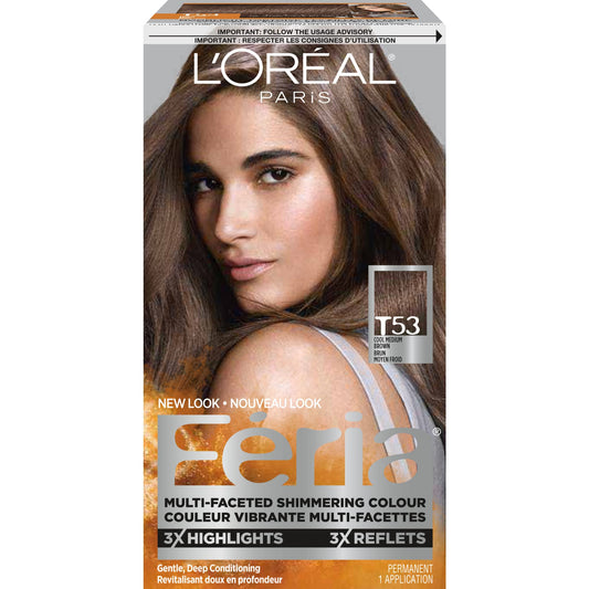 L'Oreal Paris Feria Multi-Faceted Shimmering Permanent Hair Color, T53 Moonlit Tortoise (Cool Medium Brown), Pack of 1, Hair Dye