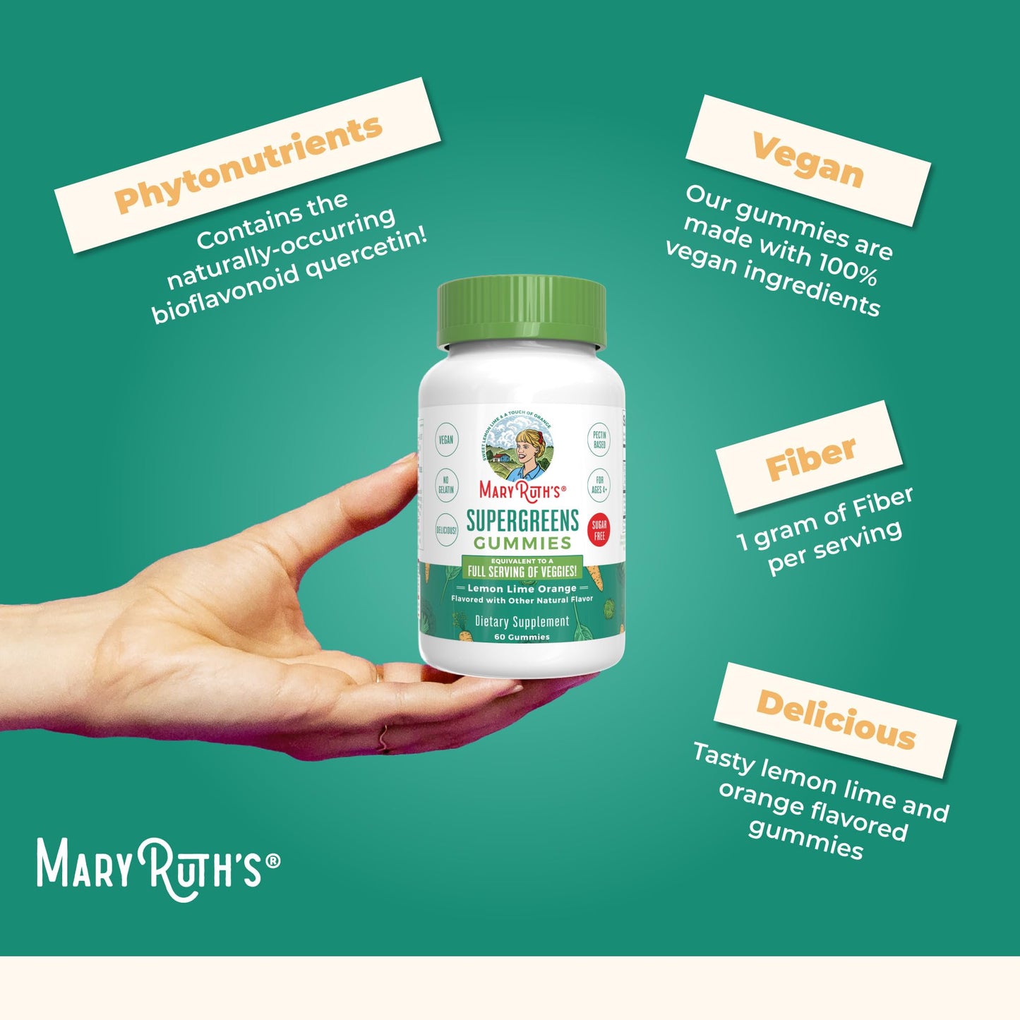 MaryRuth's Super Greens Gummies | with Naturally-Occurring Quercetin for Adults and Kids Ages 4+ | Sugar Free | 2g Fiber Per Serving | Vegan | No Gelatin | Pectin Based | 60 Count | 30 Servings