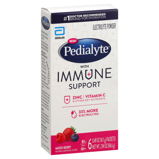 Pedialyte, Electrolyte Drink Immune Support Mixed Berry Berry Powder, 6 Count, 2.94 Ounce