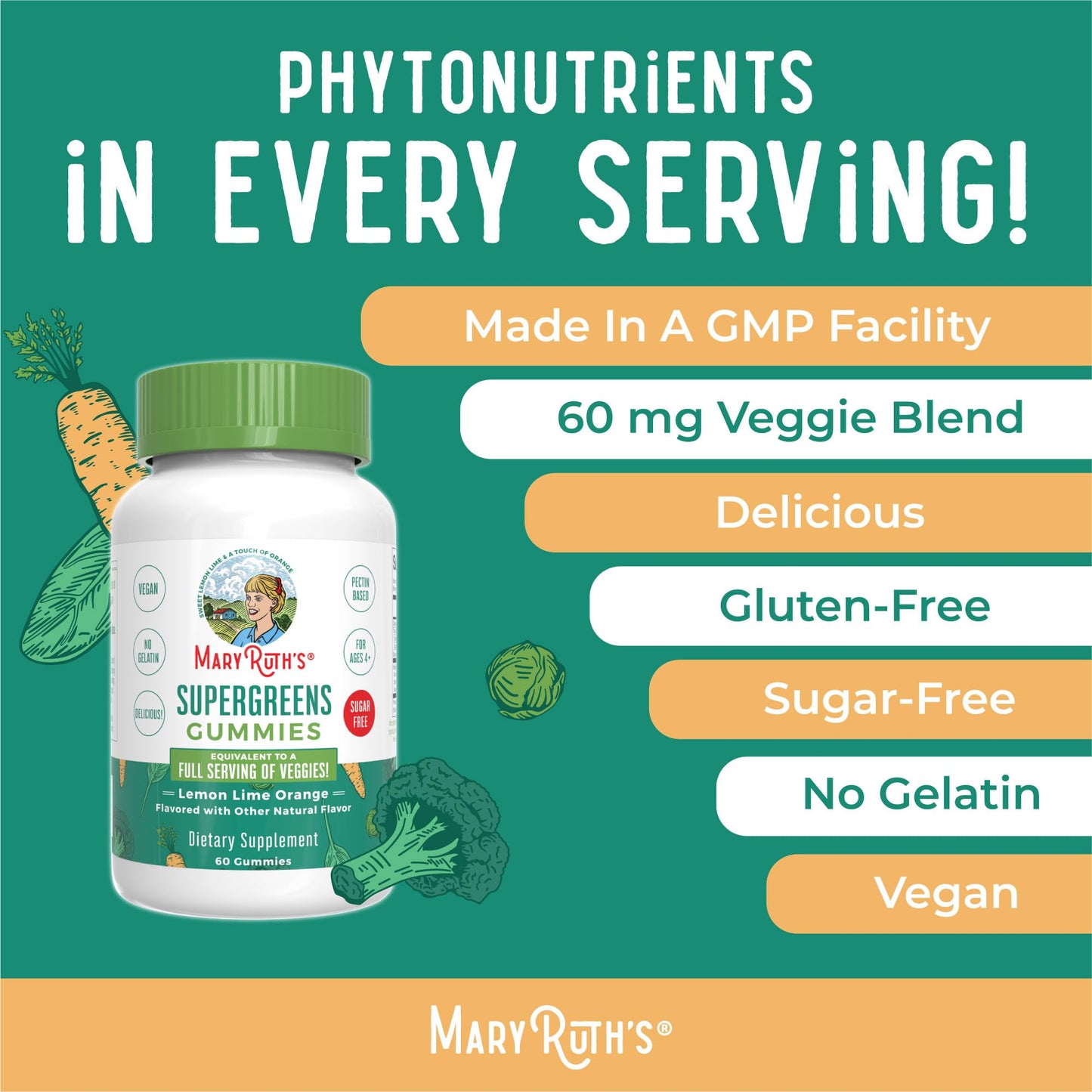 MaryRuth's Super Greens Gummies | with Naturally-Occurring Quercetin for Adults and Kids Ages 4+ | Sugar Free | 2g Fiber Per Serving | Vegan | No Gelatin | Pectin Based | 60 Count | 30 Servings