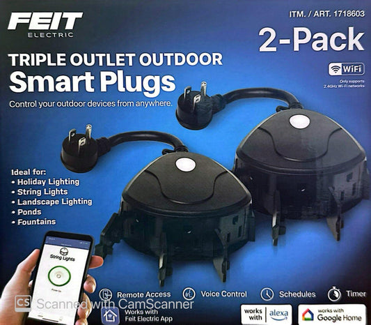 Feit Electric Triple Outlet Outdoor Smart Plugs, 2-Pack, WiFi, Controls Devices from Anywhere, Voice Control, Schedules, Timer, Compatible with Alexa and Google Home