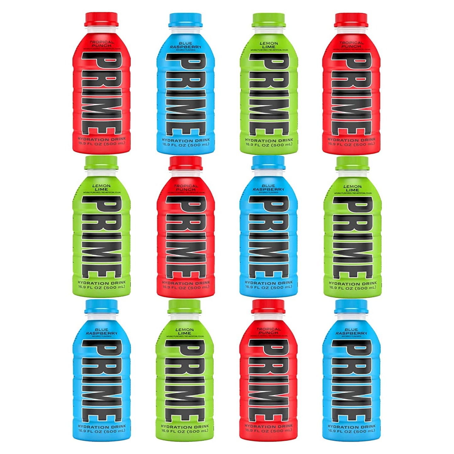 BEEQ - Prime Hydration Sports Drink Variety Pack, (Tropical Punch, Blue Raspberry, Lemon Lime), (Pack of 12), Energy Drink, Electrolyte Beverage, 16.9 Fl Oz (500 ML), Hydration Water Bottles