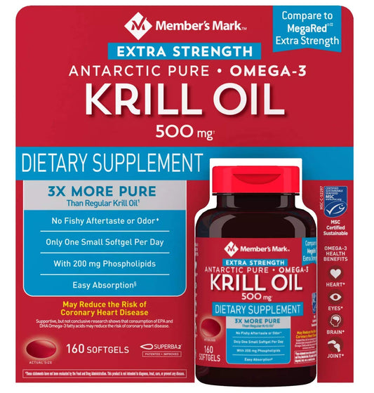 Member's Mark Extra-Strength Antarctic Pure Omega-3 Krill Oil 500 mg 160 ct