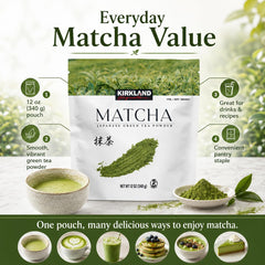 Kirkland Premium Matcha Green Tea Powder for Lattes and Baking, 12 oz | Japanese cultivated culinary grade matcha powder; mild, naturally sweet umami; kosher; for lattes, smoothies, and baking