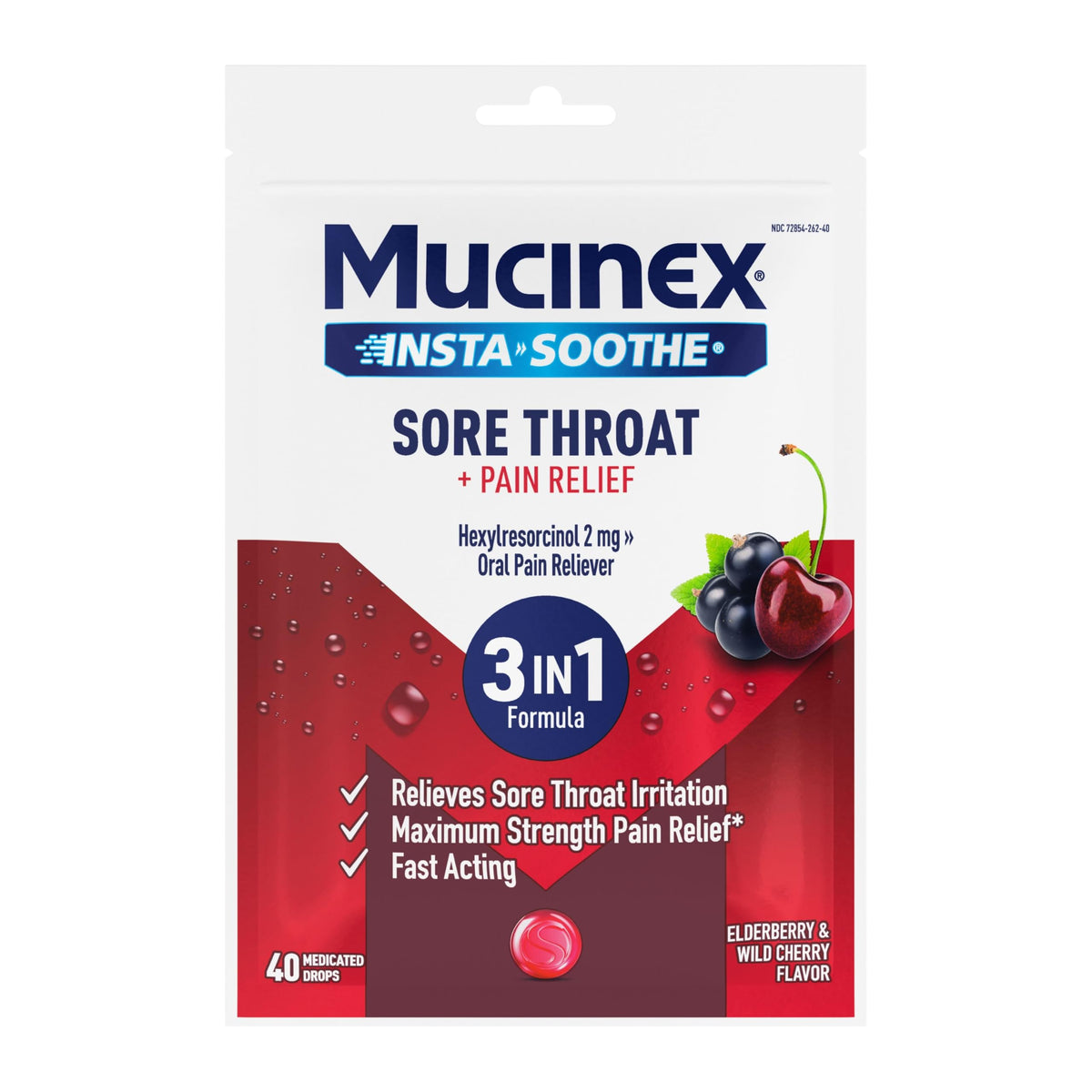 Mucinex InstaSoothe Sore Throat + Pain Relief Elderberry & Wild Cherry Flavor, Fast Acting, Powerful Oral Pain Reliever, 40 Medicated Drops