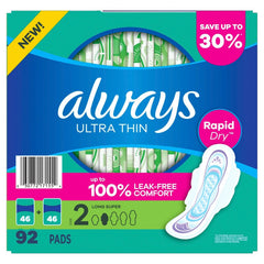 Always Ultra Thin Long Super Pads with Wings, Size 2, 92 Count