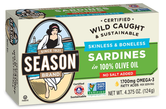 Season Sardines in Olive Oil � Skinless & Boneless, No Salt Added, Wild Caught, 22g of Protein, Keto Snacks, More Omega 3's Than Tuna, Kosher, High in Calcium, Canned Sardines � 4.37 Oz Tins, 6-Pack