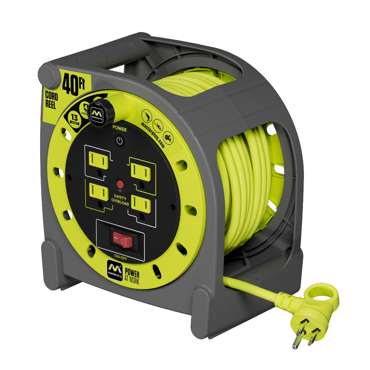 Masterplug 40ft Case Cord Reel, Retractable Extension Lead with Winding Handle, Safety Overload Circuit Breaker and Power Switch, 4X Grounded Outlets, 13amps, 14AWG Cable