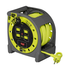 Masterplug 40ft Case Cord Reel, Retractable Extension Lead with Winding Handle, Safety Overload Circuit Breaker and Power Switch, 4X Grounded Outlets, 13amps, 14AWG Cable