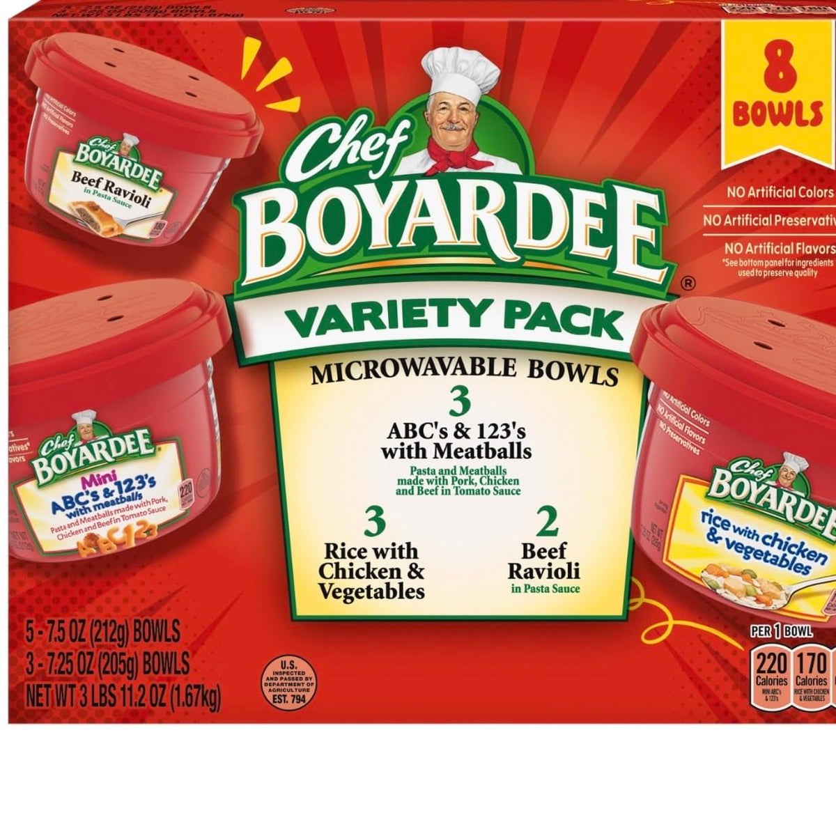 Chefs Boyardee Bowls, Variety Pack, 8 Count
