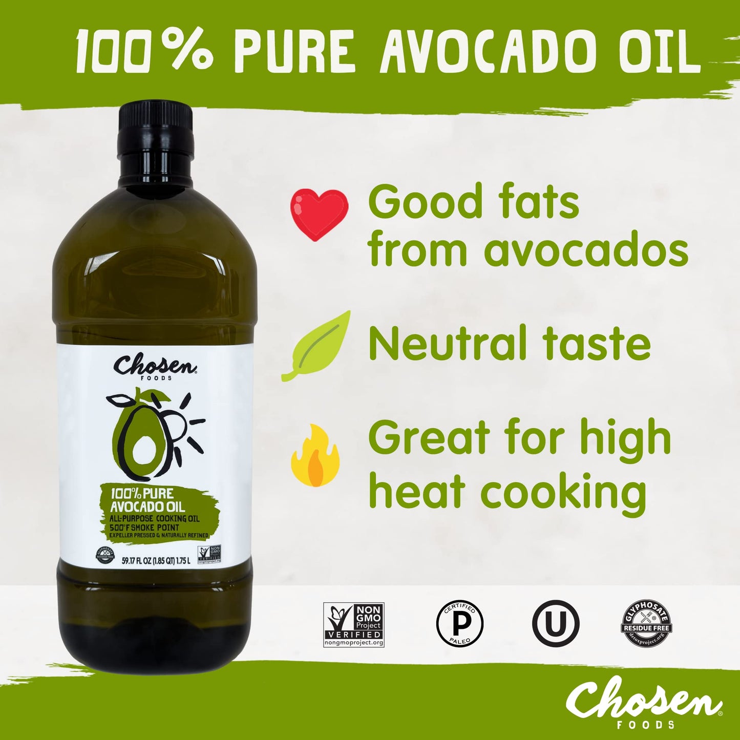 Chosen Foods 100% Pure Avocado Oil, Keto and Paleo Diet Friendly, Kosher Oil for Baking, High-Heat Cooking, Frying, Homemade Sauces, Dressings and Marinades (1.75 liters)