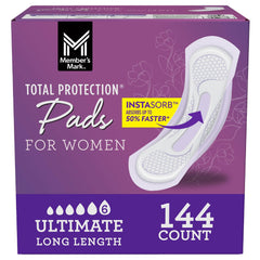 Member's Mark Total Protection Pads for Women, Ultimate Long, 6 Drop, 144 Count