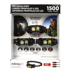 Infinity X1 Rechargeable LED Headlamps, 1500 Lumens, Up to 30 Hours Runtime, 6 Modes, 3-Pack
