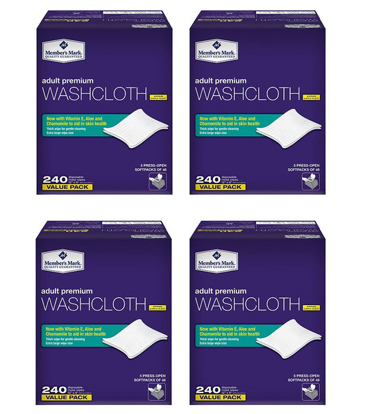 Members Mark Adult WfQSd Washcloth Disposable Moist Wipes 12" x 8", 240 Count (4 Pack)