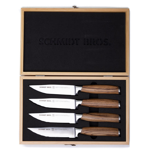 Schmidt Brothers - Zebra Wood 4-Piece Jumbo Steak Knife Set, High-Carbon German Stainless Steel Cutlery in a Wood Gift Box