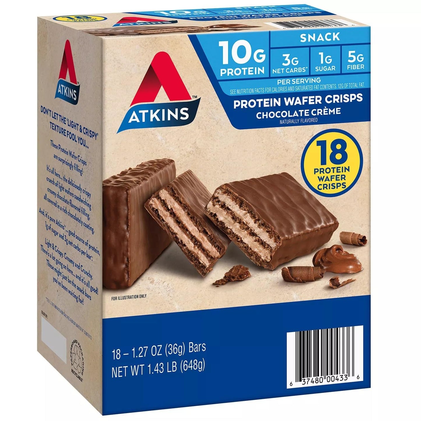 Atkins Protein Wafer Crisps, Chocolate Creme, 1.27 Ounce (Pack of 18)