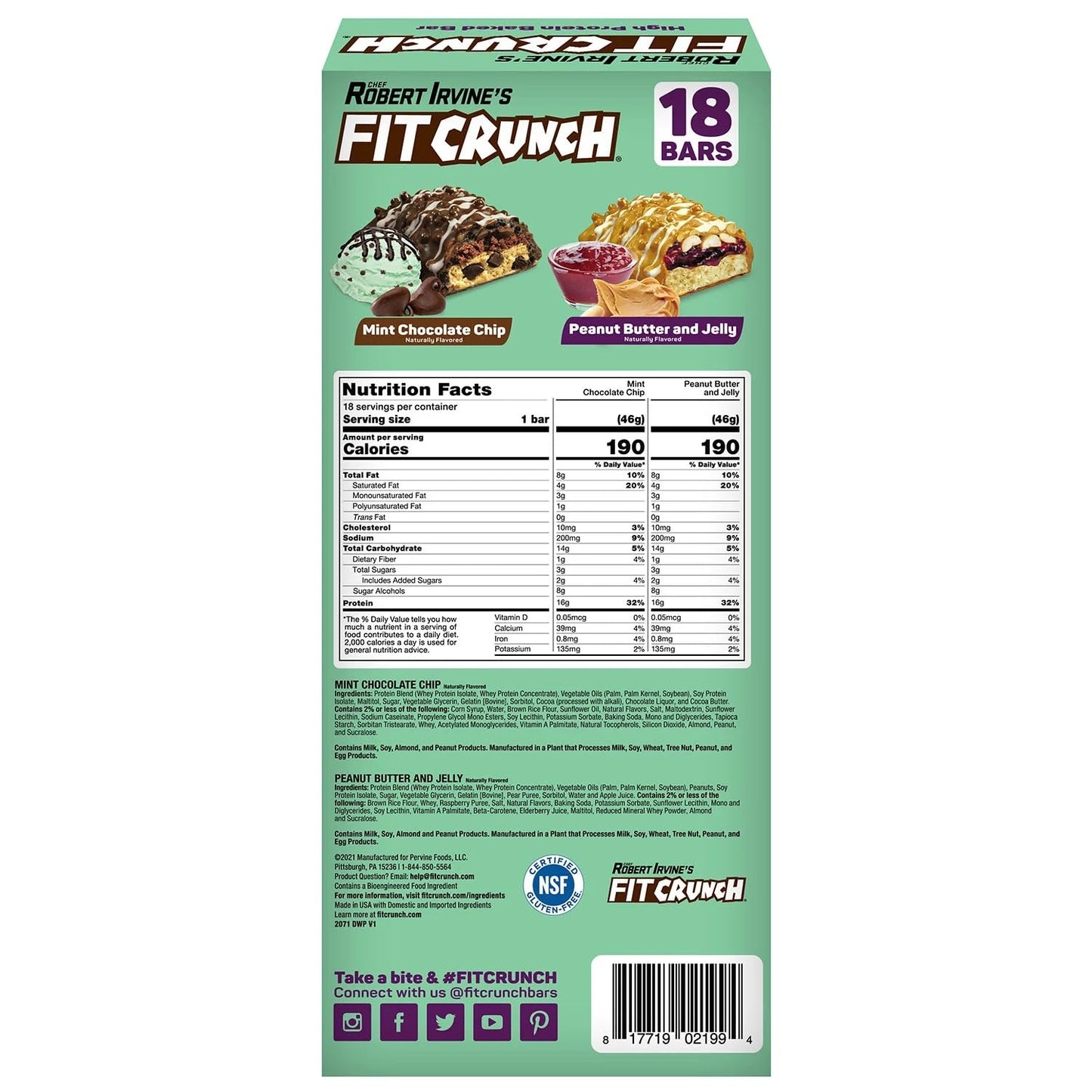Chef Robert Irvine's FITCRUNCH Protein Bar Variety, Mint Choc Chip & PBJ (18 Ct)