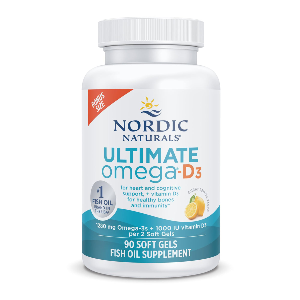 Nordic Naturals Ultimate Omega-D3,1280mg + 1000IU D3, Lemon - 90 Count | Omega-3 Fish Oil with EPA & DHA + Vitamin D3. Supports brain, heart & immune health. Lemon flavor. 45 servings. 2 per day.