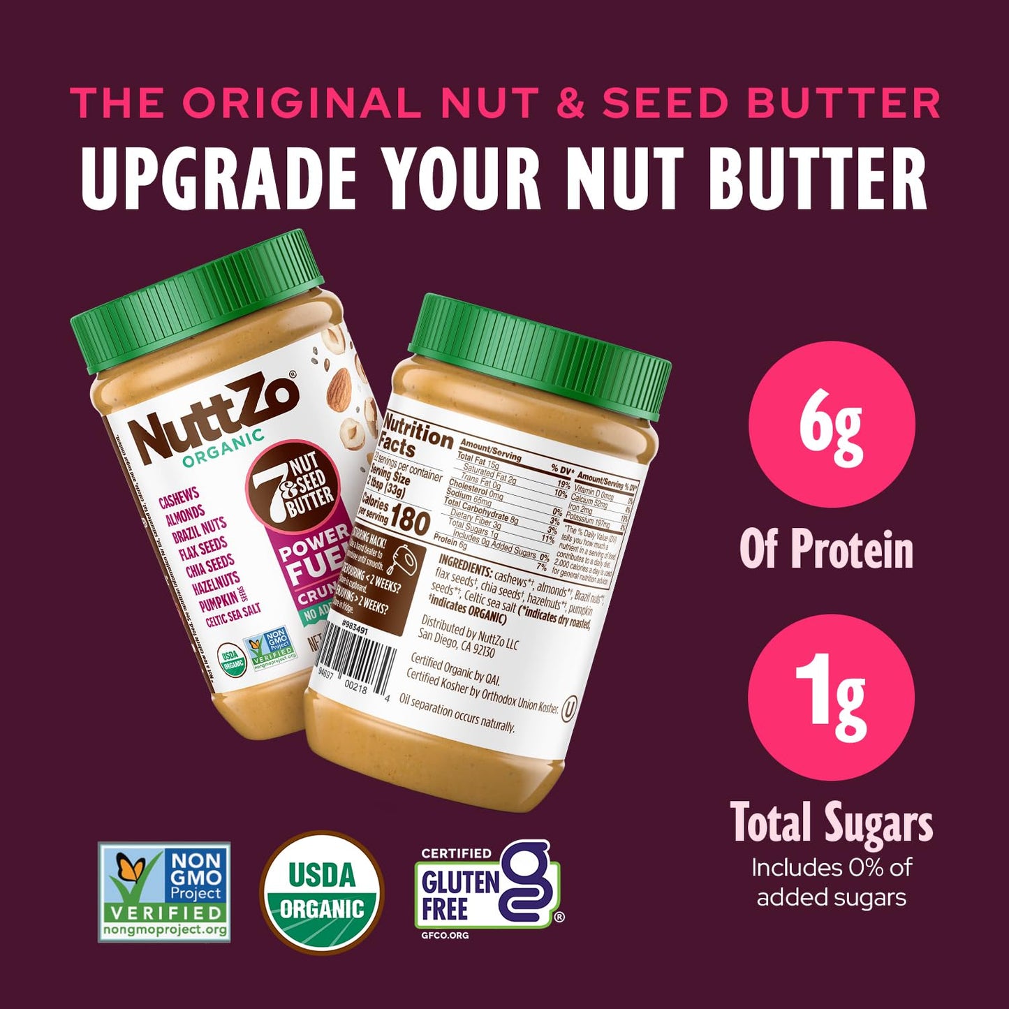 NuttZo Organic Power Fuel Crunchy 7 Nuts & Seeds Butter, Paleo Friendly | Peanut & Gluten Free, Vegan, and Kosher, No Added Sugar or Oil | 26 oz Jar, 2-Pack