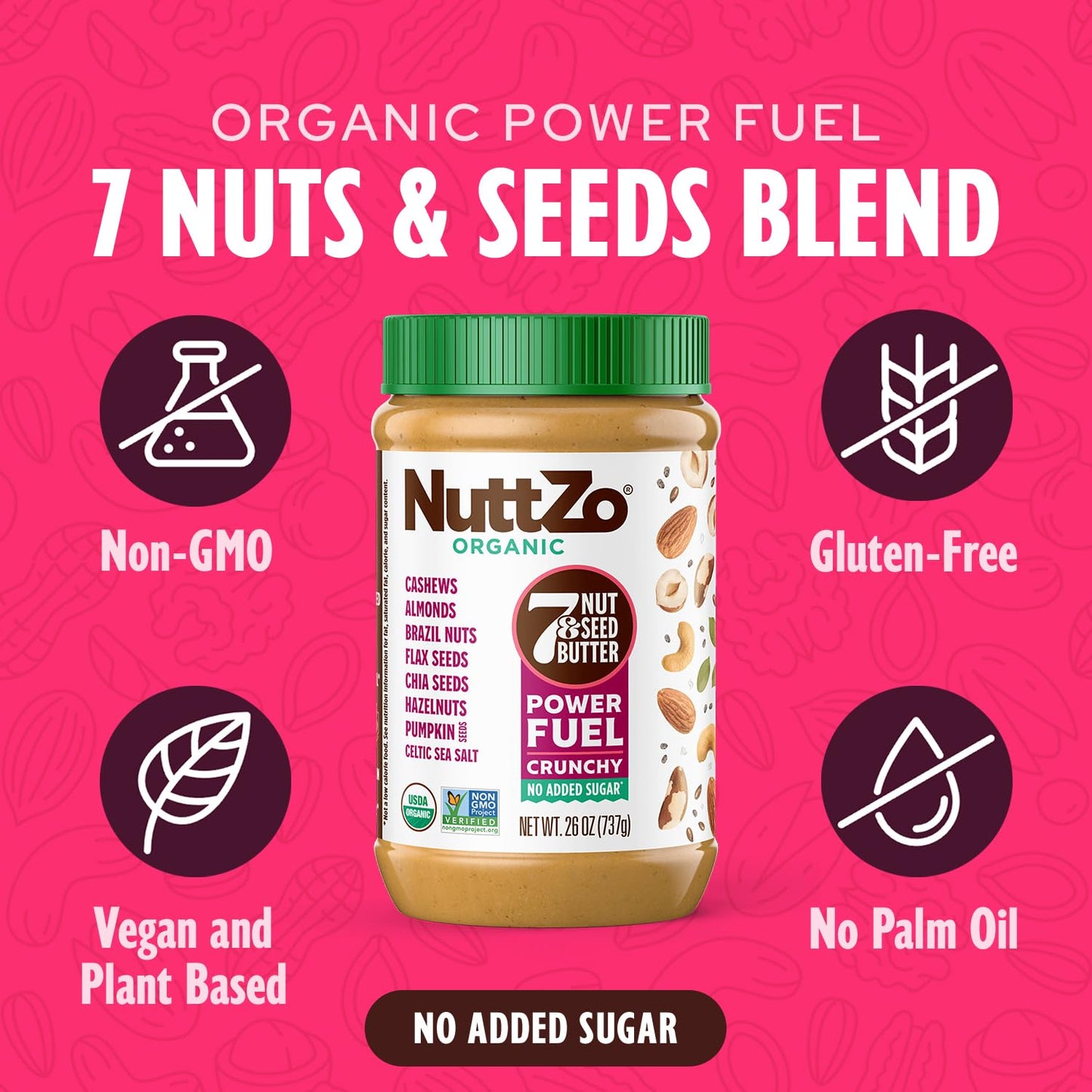 NuttZo Organic Power Fuel Crunchy 7 Nuts & Seeds Butter, Paleo Friendly | Peanut & Gluten Free, Vegan, and Kosher, No Added Sugar or Oil | 26 oz Jar, 2-Pack